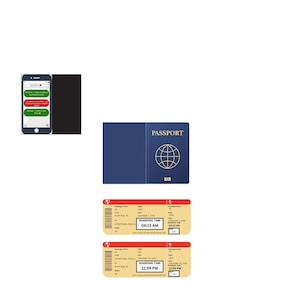 May include: A blue passport with a gold globe design and two boarding passes with red and yellow accents. A smartphone displays a text message conversation with green and red bubbles.