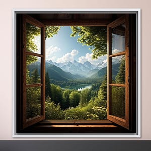 Rustic Window Print Tempered Glass, Window Frame Art Wall Decor, Window Landscape Canvas Art, Landscape Glass Decor, Canvas Wall Decor,