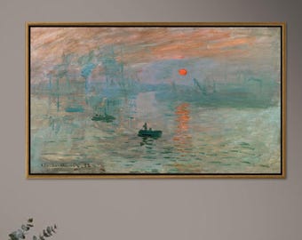 Puede incluir: Pintura impresionista enmarcada que representa una escena portuaria al amanecer. La obra presenta barcos en el agua, estructuras industriales y un sol naranja vibrante reflejado en el agua. La paleta de colores incluye azules, verdes y naranjas.