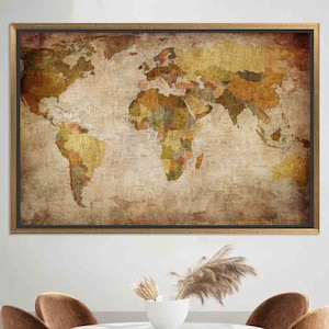 Map Art, Large World Map Glass Printing, Large World Map Tempered Glass, World Map Canvas Gift, Large Canvas Art, Gold Framed Wall Decor,