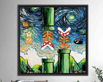 Può includere: Un dipinto di un livello di videogioco con tubi verdi, un blocco con un punto interrogativo e una stella. Lo sfondo è un cielo blu con nuvole bianche e un motivo a spirale che ricorda la Notte Stellata di Van Gogh.