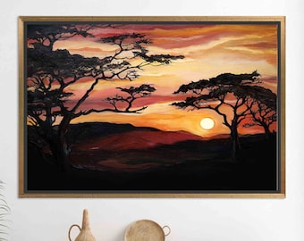 Landscape Art Canvas, Sunset Landscape Canvas Art, African Sunset Glass, Savannah Tree Painting Canvas, Personalized Gifts For Him 3D Canvas