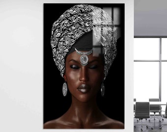 African Woman Tempered Glass Art: Ethnic Wall Hanging