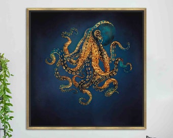 Octopus Canvas Art, Animal Printed, Large Canvas, Trendy Glass Wall Art, Contemporary Wall Art, Gold Framed Canvas, Luxury Wall Decor,