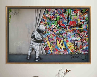 Graffiti Poster, Art, Graffiti Glass Wall Art, Banksy Graffiti Canvas Print, Canvas Wall Art Canvas Decor, Behind the Curtain, Banksy Boy,