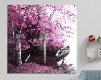 Pink Trees Scenery Art, Landscape Wall Hanging, Europa Wall Table, Portugal Art Canvas, Gift For Her Artwork, Home Decor, Tempered Glass Art
