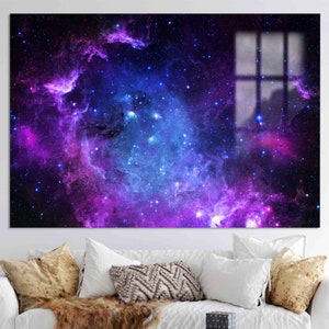 Starry Sky Landscape Artwork, View Canvas Poster, Purple Wall Art, Space Tempered Glass, Room Decor Glass Decor, Farmhouse Wall Art, Canvas,