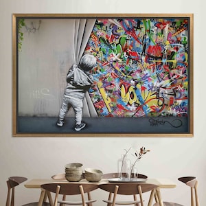 Graffiti Poster, Art, Graffiti Glass Wall Art, Banksy Graffiti Canvas Print, Canvas Wall Art Canvas Decor, Behind the Curtain, Banksy Boy,