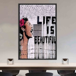 Banksy Life Is Beuatiful Glass Decor, Banksy Girl Graffiti Canvas, Street Art Canvas, Painting Canvas Art, Wall Art Decor, Framed Canvas