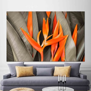 Orange Heliconia Floral Glass Wall Art: Botanical Print