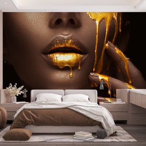 African Woman Art, Gold Lip Wall Paper, Gold Woman Mural, Abstract Wallpaper, Papercraft 3D, Wallpaper Art, Self Adhesive Paper, 3D Origami,