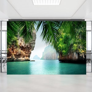 Carta da parati con paesaggio, decorazioni per pareti, carta da parati 3D elegante, regalo per la casa, carta da parati con vista sul mare tropicale, pittura murale con paesaggio tropicale,