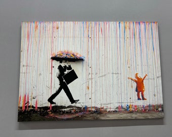 Umbrella 3D Canvas, Glass Art Wall Decor, Street Canvas Poster, Banksy Kids Canvas, Boho Wall Decor, Glass Wall Art, Banksy Colorful Rain,