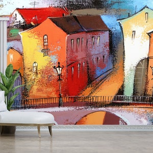 Selbstklebendes Papier, 3D Papier Wandkunst, Tapeten Schälen und Aufkleben, Handgemachtes Geschenk, Bunte Stadt Malerei Papierkunst, Stadtlandschaft Tapete,