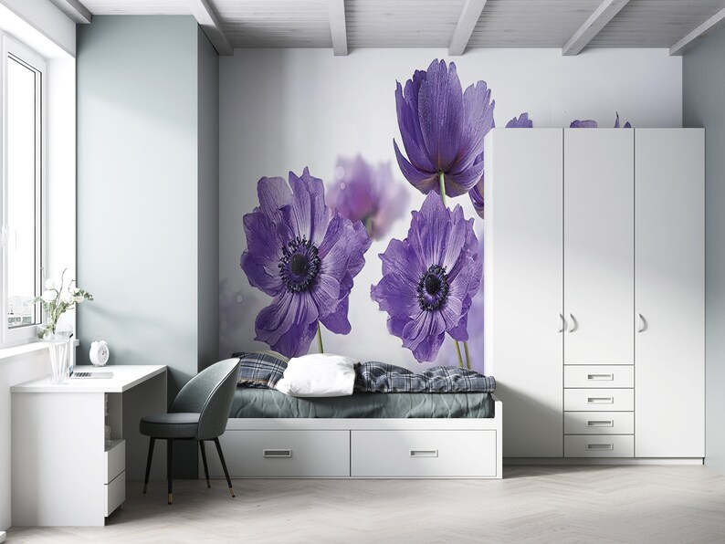 Purple Flower Wall Poster, Modern Wallpaper, Botanical Digital Paper