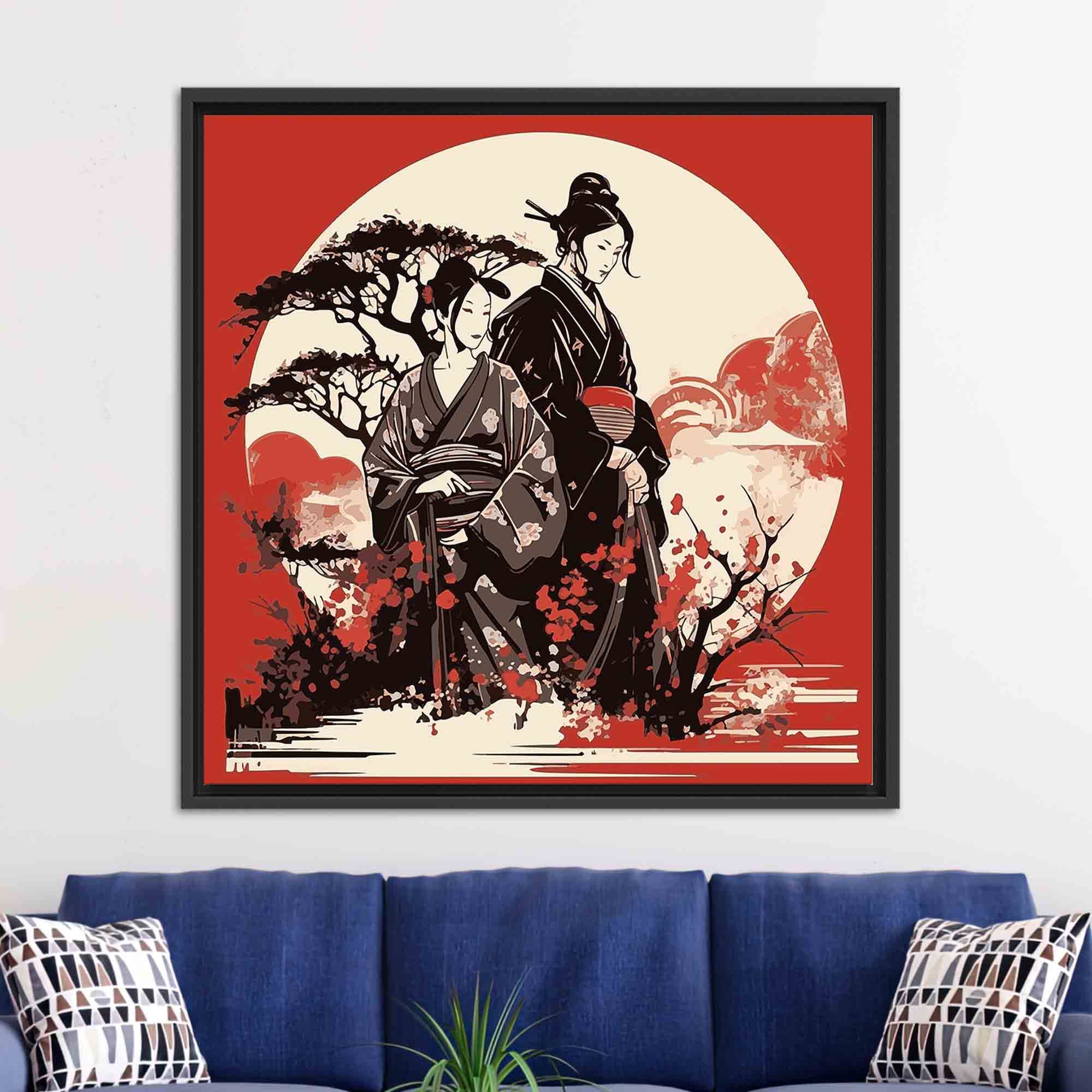 Geisha and Samurai Tempered Glass Wall Art: Japanese Decor, image size:2000x2000