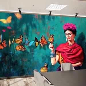 Murale moderno, arte murale in carta 3D, stampa murale astratta, dipinto murale Frida con farfalle, famoso lavoretto di carta, carta da parati murale