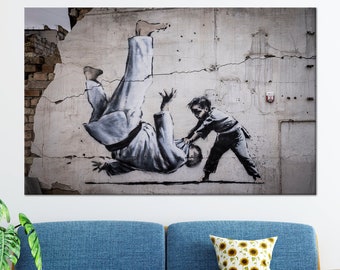 Banksy Judoka Art, Banksy War Art, Judoka Graffiti Art, Banksy Canvas, Tempered Glass, 3D Poster Art, Framed Wall Art, Street Wall Decor,