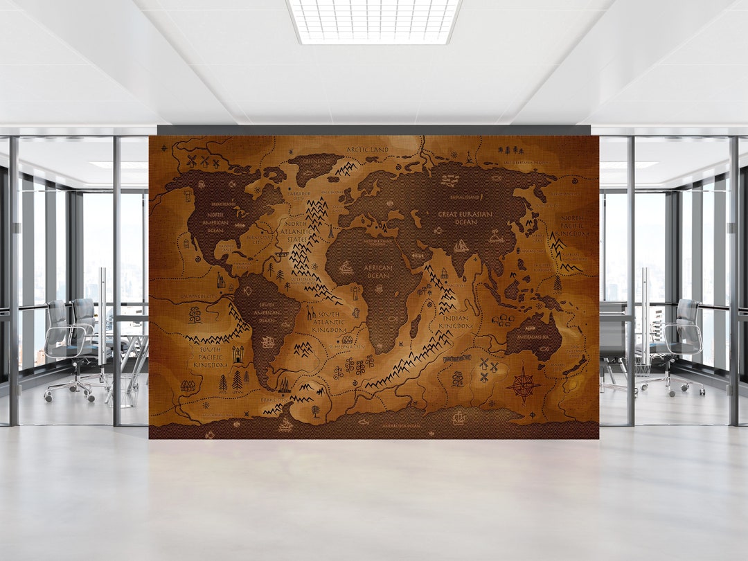 Stylish 3D Wallpaper, Old World Map Wall Decals, Map Wallpaper, Educational Wallpaper, Brown