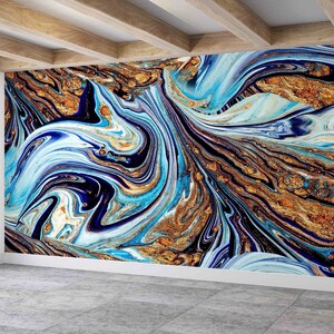 Alcohol Ink Wall Poster, Gold Marble Mural, Blue And Gold Marble Paper Art, Contemporary Wallpaper, Printable Wall Art, Marble Wall Art,