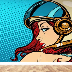 Decorazione murale, carta da parati personalizzata, carta da parati artistica, regalo per la casa, carta da parati con donna astronauta in stile pop art, carta da parati con donna astronauta