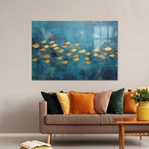 Image showcasing Blue Glass Decor, Animal Art, Golden Fish Art Decor, Glass Wall Decor ...