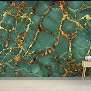 Contemporary Wall Painting, Green And Gold Marble Wall Stickers, Green Marble Wall Decor, Alcohol Ink Wall Poster, Green Marble Wall Art,
