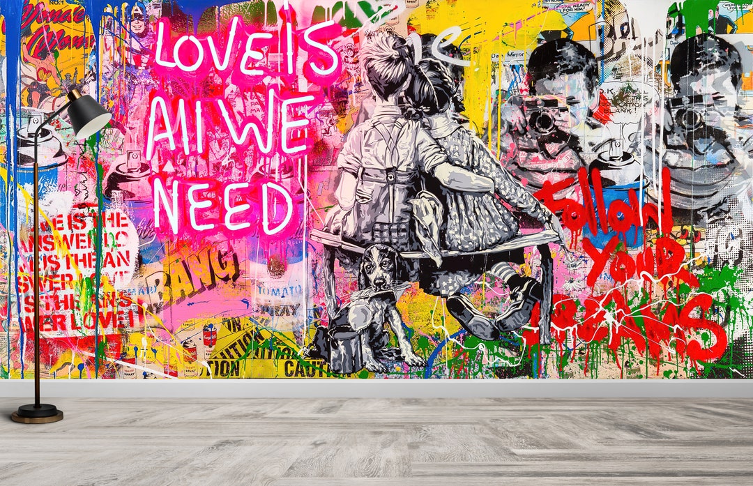 Love Need Wallpaper, Love is All We Need Wall Painting, Do It Yourself, Banksy Paper Craft