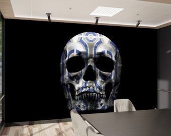 May include: A white skull with a blue and grey geometric pattern on a black background.