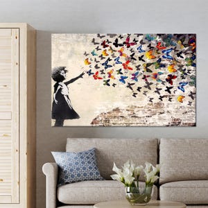 Banksy Girl with Butterflies Glass Art - Girl Room Decor