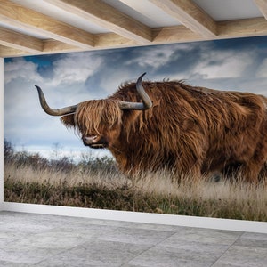 Horned Bull Wandkunst, Stier Tapete, Bison Wandkunst, Tier Wand-Papier, Do It Yourself, Papierhandwerk 3D, Akzentwand, selbstklebendes Papier,