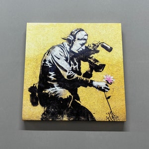 Banksy Cameraman And Flower Art, Banksy Canvas Decor, Banksy Flower Wall Art, Abstract Canvas Print, Framed Wall Art, Banksy Artwork,