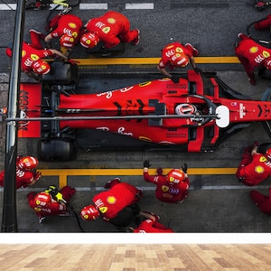 Murale di Formula 1 Ferrari, Carta da parati artistica con pit stop di Formula 1, Carta digitale per garage, Murale di Charles Leclerc in F1, Carta da parati tagliata su misura, Decorazioni per la casa
