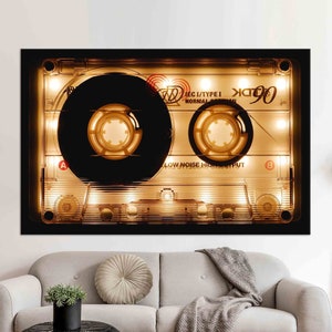 Retro Cassette Art Canvas, Shining Audio Cassette Painted Glass, Retro Music Canvas Decor, Modern Art, Bedroom Decor Canvas, Framed Canvas,