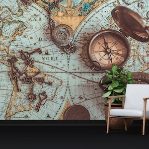 Antieke wereldkaartkunst, messing zakkompaskunst, vintage wereldkaart muurstickers, kaart muur afdrukken, cadeau behang, 3D-muurschildering, accentmuur,
