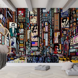 Dipinto murale di paesaggio di New York, Illustrazione di una strada a New York, Dipinto murale di Times Square, Visualizza carta digitale,