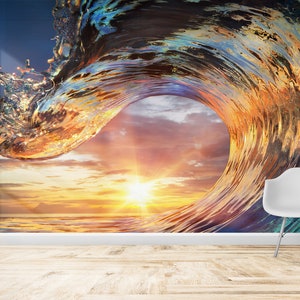 Printable Wall Art, 3D Wall Mural, Accent Wall, Gift For The Home, Sunset Light in Wave Art Crest Shape Paper Art, Sea Landscape Wallpaper,