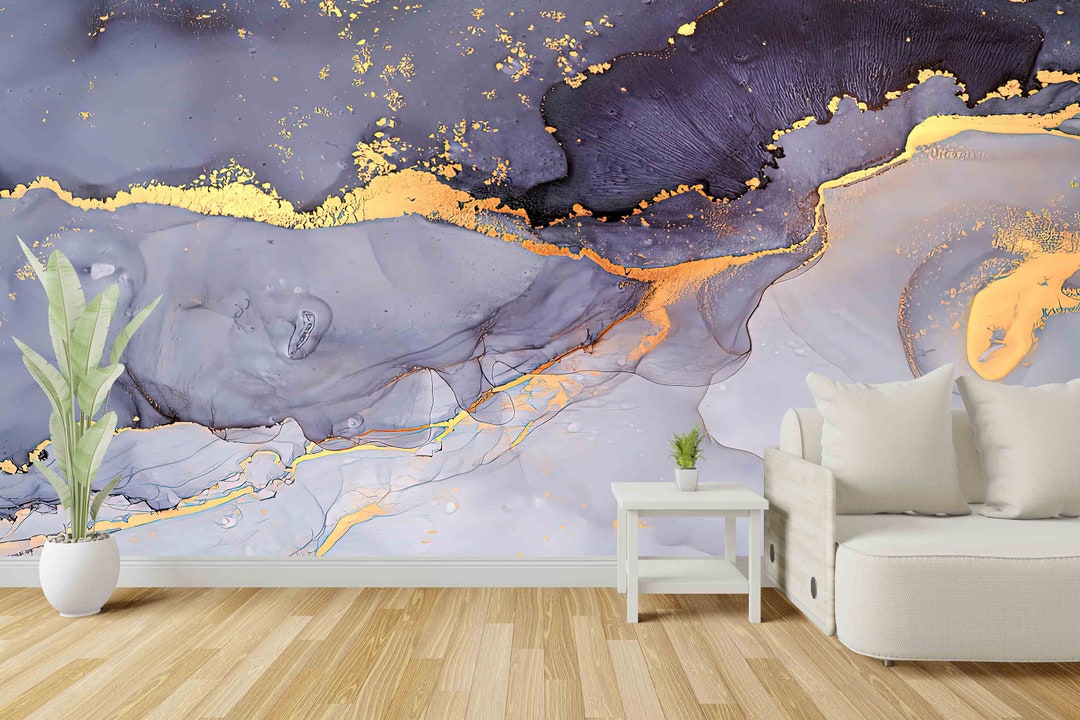 Purple and Gold Marble Wallpaper: Removable Wall Art - Etsy