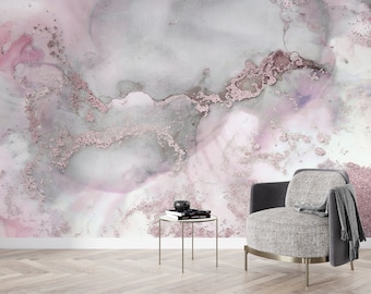 Pink And Gray Marble Wall Mural, Wall Decorations, Pink Wall Art, Pink Marble Wall Decals, Marble Mural, Wallpaper Mural Art,