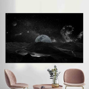 Starry Sky Landscape Printed, Cosmos Glass Wall Art, View Art Wall Decor, Cosmos Canvas Poster, Artwork Night Landscape Ink Wall Hanging Art