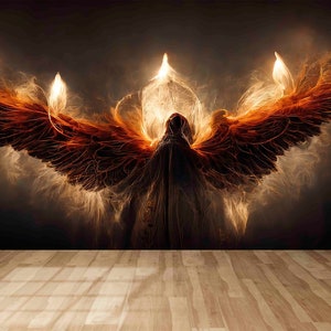 Stickers muraux Lucifer avec des ailes de feu rougeoyantes, décoration murale ange déchu, affiche murale ange, décoration murale moderne, art mural papier 3D, art mural Lucifer