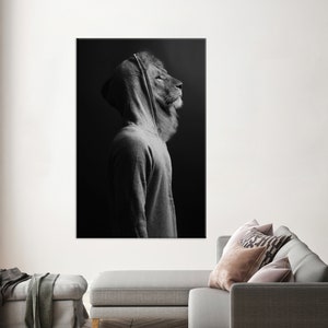 Man With Lion Head Glass, Abstract Lion Art, Loft Wall Decor, Trendy Canvas Poster, Animal Canvas Poster, Wall Decor, Man Cave Wall Decor,