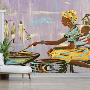 African Woman Cooking Paper Art, African Mother Cooking Paper Craft, Ethnic Digital Paper, Authentic Nigerian Wall Mural, Accent Wall,