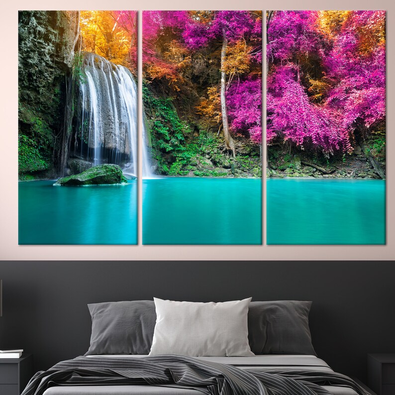 View Stained Glass Printing, Waterfall Art Wall Decor, Purple Trees