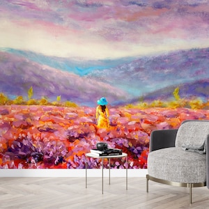 Woman in Lavender Field Wallpaper: Abstract Nature Wall Decor