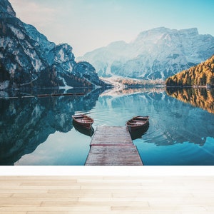 Carta artigianale Alto Adige, Barche sul lago di Braies, Murale sulle Dolomiti, Stampa murale Barche sul lago di Braies, Visualizza carta digitale,