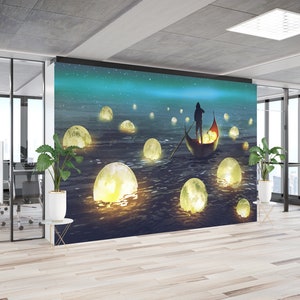 Glowing Moon Painting Mural: Abstract Vinyl Wallpaper Panels