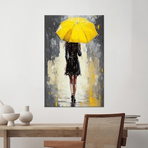 Rainy Day Canvas Art: Woman with Yellow Umbrella, Painterly Style