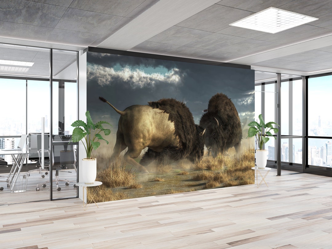 Animal Wall Decor, Art Deco Wallpaper, Bronze Two Bisons Wall Art, Wild