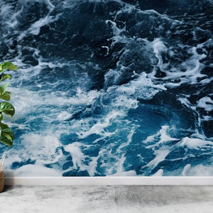 Adesivi murali con onde oceaniche blu, decorazioni murali con paesaggi marini, decorazioni murali con vista, decorazioni murali con oceano estetico, carta da parati 3D elegante, decorazioni artistiche con acqua,